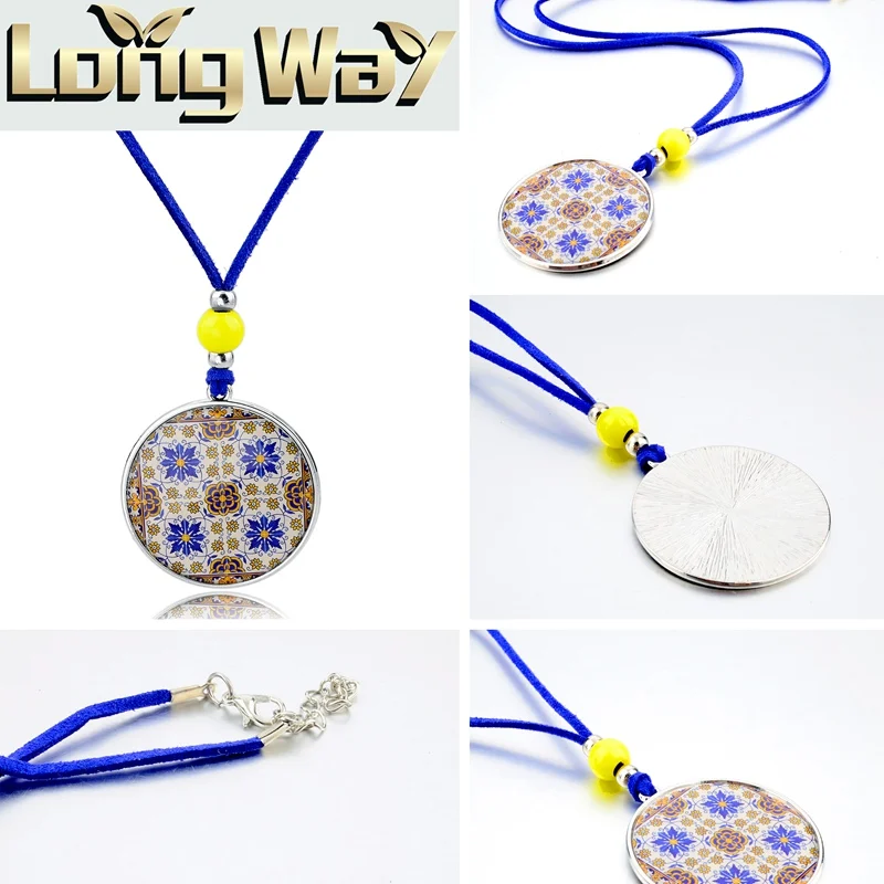 Женское богемное колье LongWay длинная Синяя кожаная цепочка с бусинами желтого