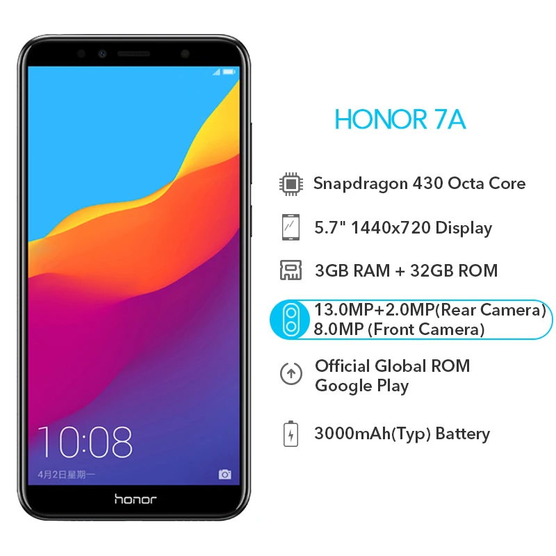 Оригинал Honor 7A 3 ГБ ОЗУ 32 Гб ПЗУ отпечаток пальца ID 13MP двойная камера Snapdragon 430