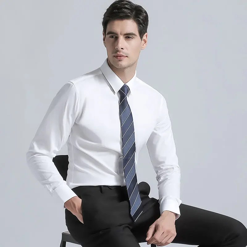 Top Quality Men's Cotton Blend Shirts Solid Color Long Sleeve Business Suits Shirts Brands New Regular Fit Formal Shirts White