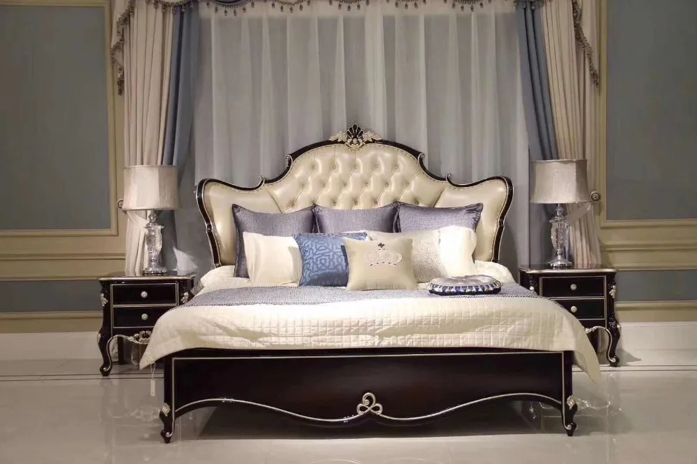 Современная Европейская кровать из массива дерева модная резная кожаная