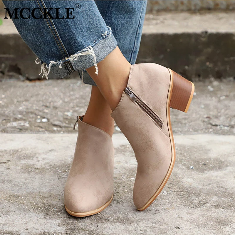 

Dropshipping Women Thick High Heels Ankle Boots Female Suede Zipper Pointed Toe Short Boots Shoes Ladies Fashion Footwear