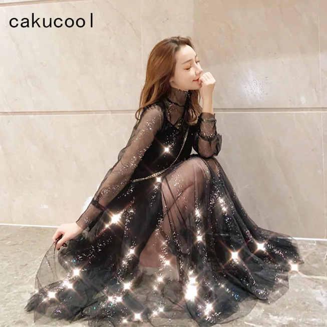 Cakucool Новое Сетчатое кружевное платье с длинным рукавом блестящее воротником