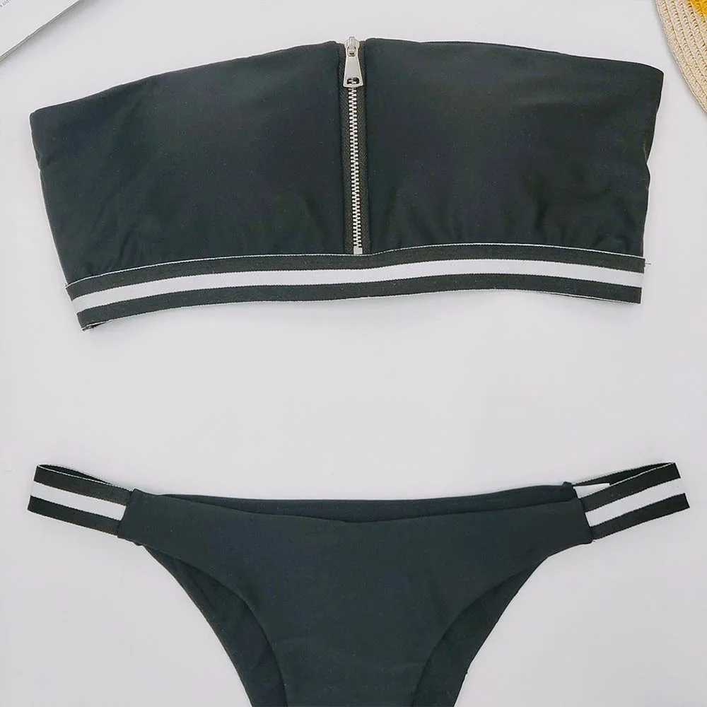 Женский купальник на молнии черный раздельный из двух частей пляжная одежда 2019 |