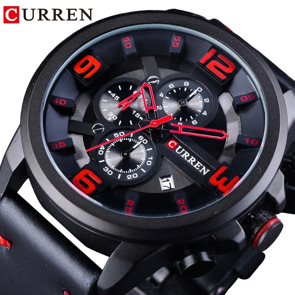 

CURREN Chronograph Quartz Passion Red Military Design Design Mens Watches Top Brand Luxury Calendar Display 3D Dial Leather Belt