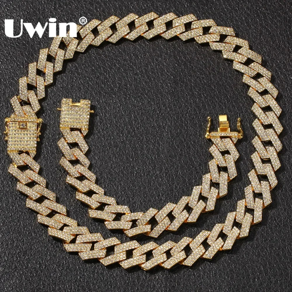Кубинская цепочка UWIN NE + BA 20 мм Miami Prong 3 ряда золотого цвета полностью покрытые