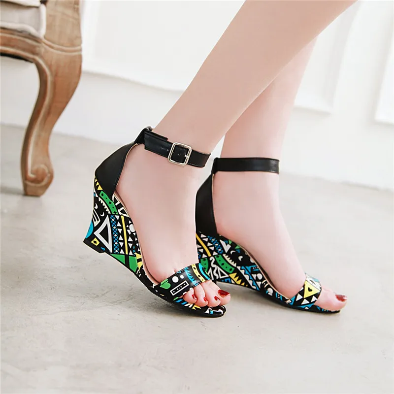 

MoonMeek big size 34-43 summer sandals mixed colors ladies shoes wedges sandals elegant high heels shoes buckle women sandals