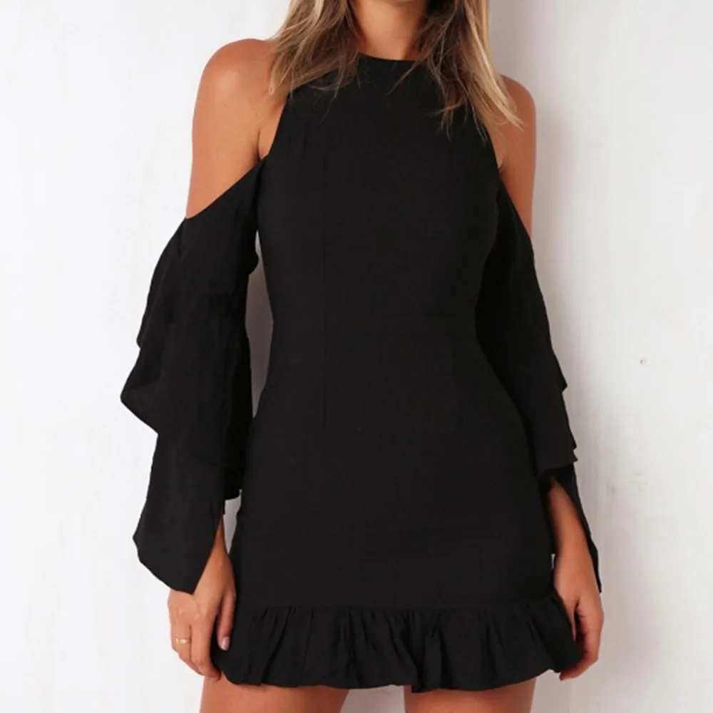 Yesexy/2019 женская одежда с круглым вырезом и оборками на плечах однотонные черные