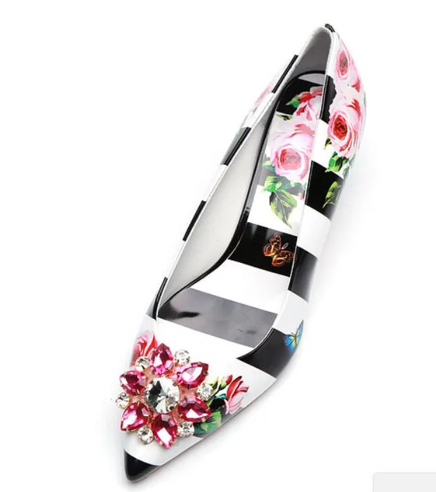 

Hot Sale Rose Prints High Heels Women Shiny Crystal Bridal Wedding Party Shoes Lady Pointed Toe Stiletto Pumps 5cm 9cm Heels