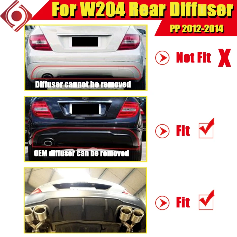 W204 диффузор, губа на задний бампер c63 стиль PP пластик подходит для Mercedes Benz C180 C200 C250 C280 300 диффузор для губ и C63 бампер 12-14