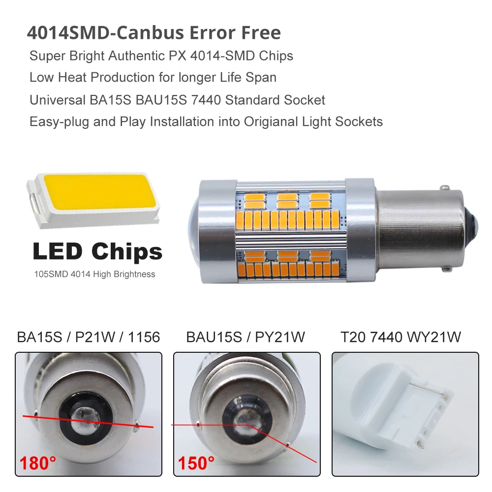 9-12 В 20 Вт 1156 BAU15S PY21W LED 105 4014 SMD Светодиодная лампа Янтарная желтая для автомобиля