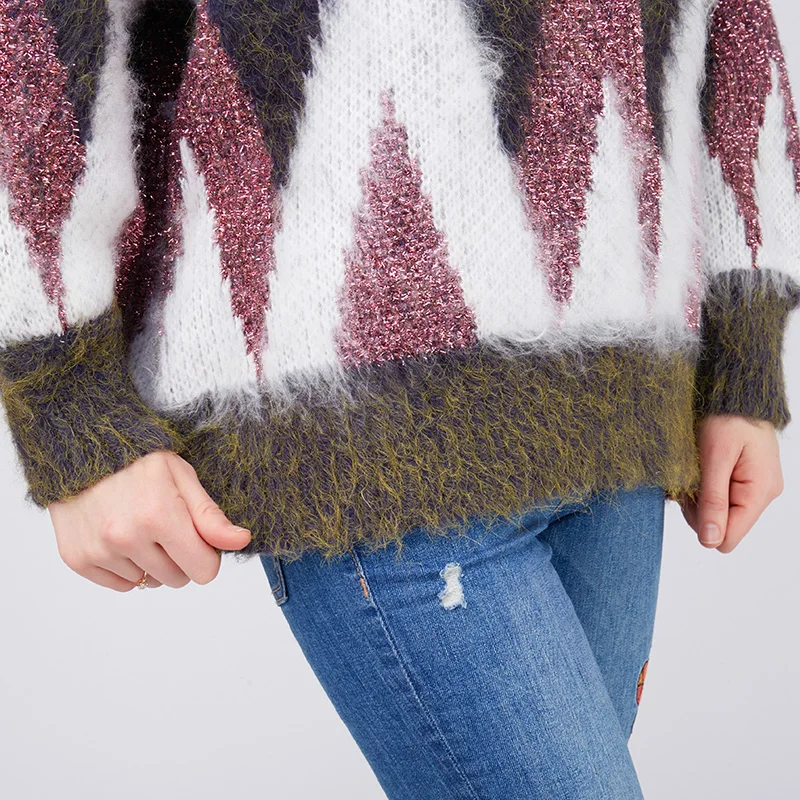 Cashmere Geometric Pullover Round Neck Full Sleeve Jumper Loose Warm Thick Sweater Women Winter Knit Female Coco Fun | Женская одежда