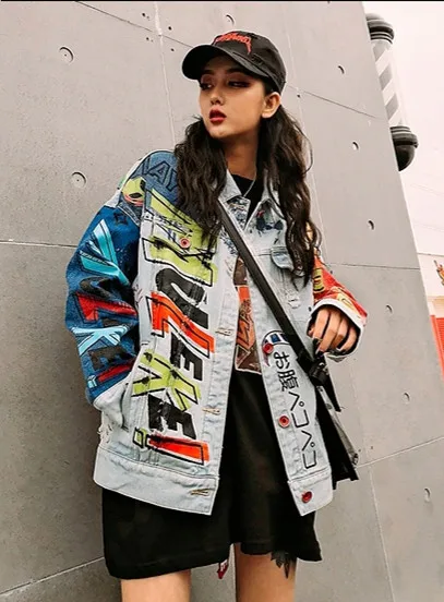 Пальто унисекс в стиле панк с длинными рукавами Harajuku джинсовый кардиган рисунком