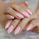 Накладные ногти среднего размера, розовые, голографические, хромированные, металлические, с клеем, стикер