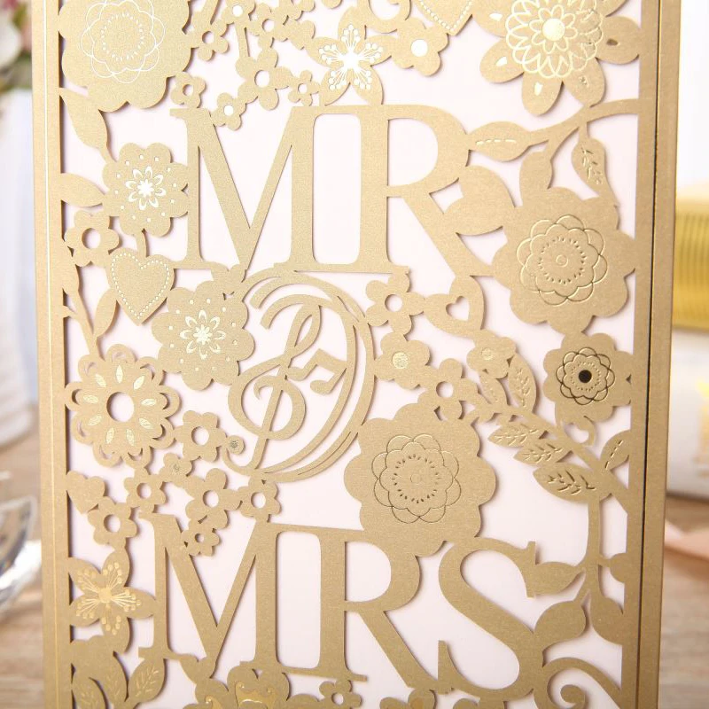 

50pcs Gold Blue Laser Cut Wedding Invitations Card MR&MRS Elegant Greeting Cards with Envelopes Wedding Party Favor Decoration