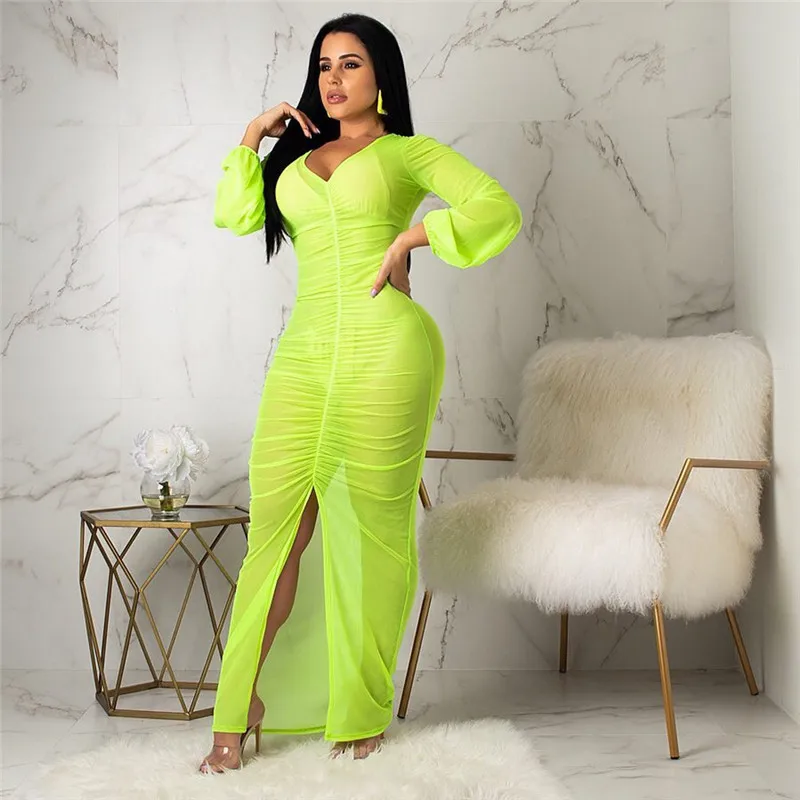 Женское Прозрачное платье с V образным вырезом длинным рукавом и разрезом