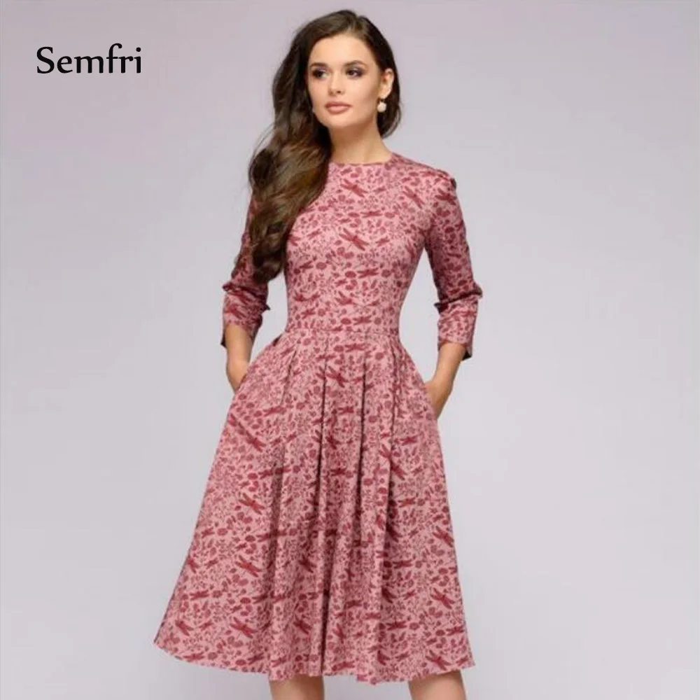 pink Semfri Для женщин платье с цветочным рисунком с длинными рукавами с принтом Элегантный О-образным вырезом Повседневное линии платья партии ретро небольшой floral Maxi Shirt dress - Цвет: pink