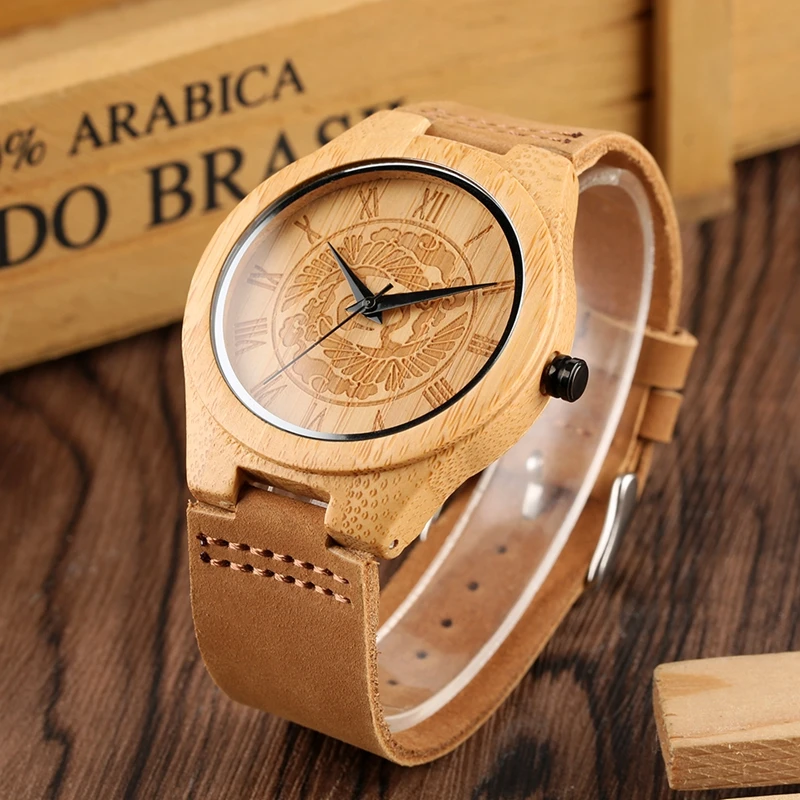 Men's Wooden Watches with Unique Craving Pine Tree Dial Quartz Analog Roman Numeral Bamboo Wristwatch for Teenager M | Наручные часы