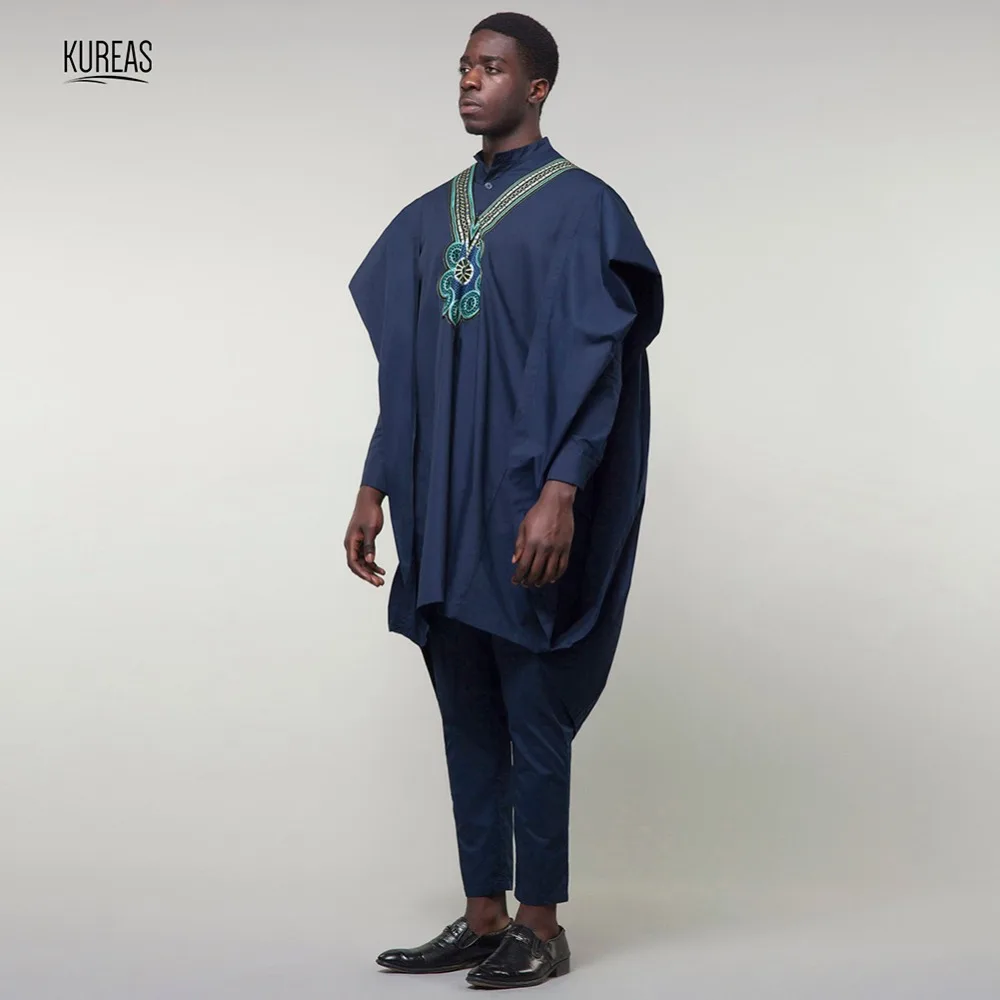 Kureas африканская Дашики мужской костюм Agbada 3 шт. комплект синий Boubou Африка одежда с широкими рукавами халат формальный наряд