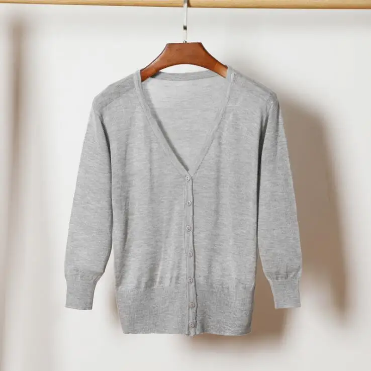 light gray Queechalle 28 цвета V средства ухода за кожей Шеи Три четверти короткий вязаный кардиган пальто лето г. для женщин Ice Шелковый Тонкий пальт - Цвет: light gray