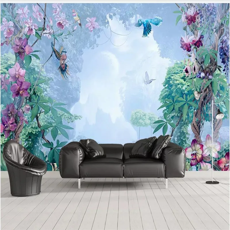 Custom wallpaper Nordic hand-painted small fresh tropical plants flowers and birds background decorative waterproof material |