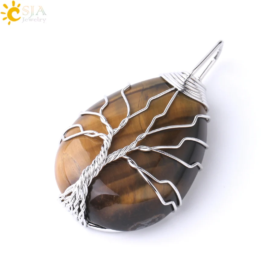 Tiger Eye B CSJA Дерево жизни ожерелье натуральный камень кулон золотой цвет проволока обертывание драгоценный камень розовый с кварцевым тигровым глазом зеленый авантюрин подвеска E585 - Окраска металла: Tiger Eye B