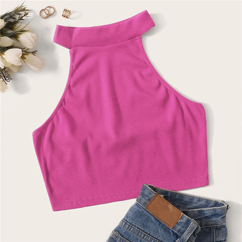 SweatyRocks женский топ с бретелькой через шею,, модный летний Повседневный Топ с открытой спиной, Женский облегающий сексуальный жилет