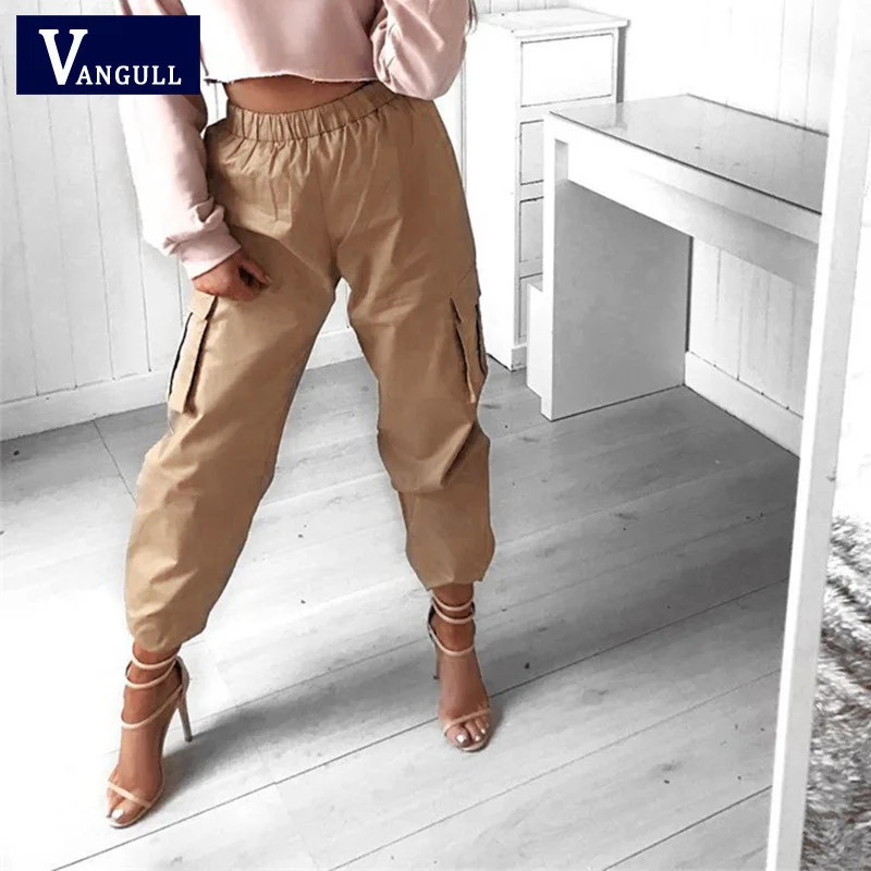 Vangull Solid High Waist Women Pants 2021 New Spring Fashion Side Big Pocket Female Loose Cargo Casual Sweatpants | Женская одежда