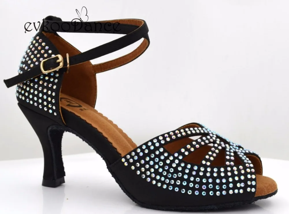 Black Satin With Diamond US 4-12 Heel Height 7 CM Professional Open Toe Latin Dance Shoes For Girls NL201 | Спорт и развлечения