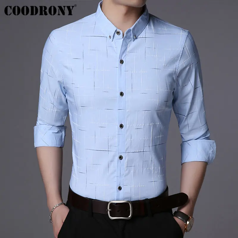 Небесно-голубой COODRONY, мужская рубашка, осень, Новое поступление, модная, в полоску, с длинным рукавом, хлопок, мужская рубашка, Бизнес Стиль, повседневные рубашки, Camisa Masculina 96030 - Цвет: Небесно-голубой