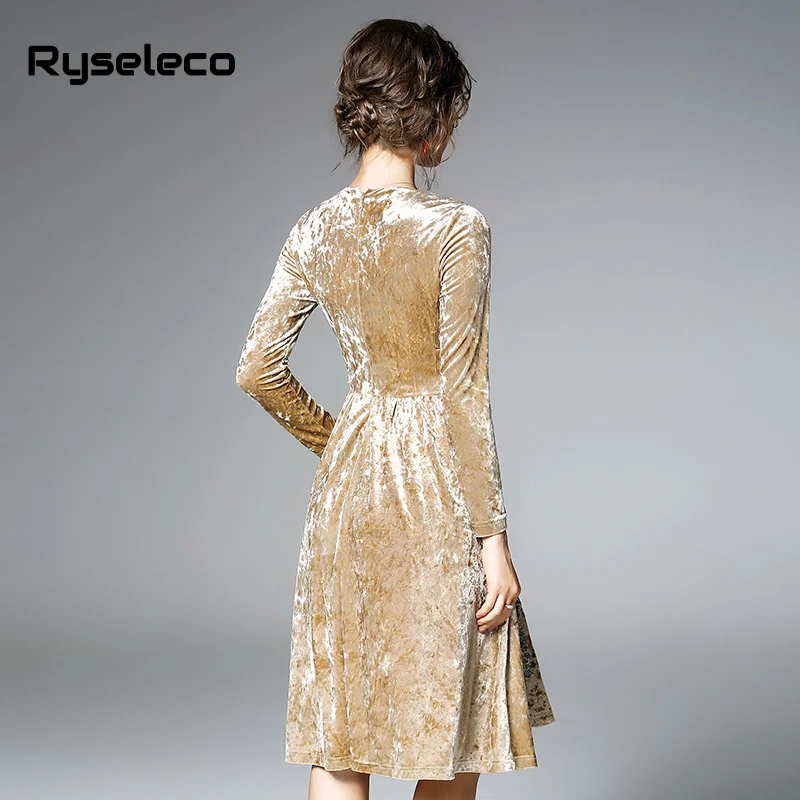Ryseleco 2018 осеннее Золотое бархатное Элегантное расклешенное платье с вышивкой в