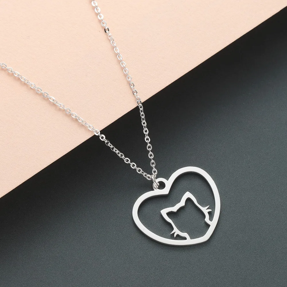 Chereda Stainless Steel Necklace for Women Man Lover's Hollow Heart Cute Cat Gold And Silver Color Pendant Jewelry | Украшения и