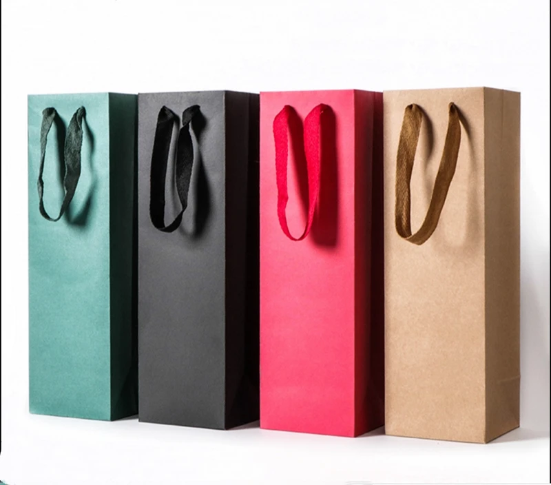 

10pcs paper red wine bottle bags kraft paper gift bags with strings portable paper cases champange bottle carrier gift holders