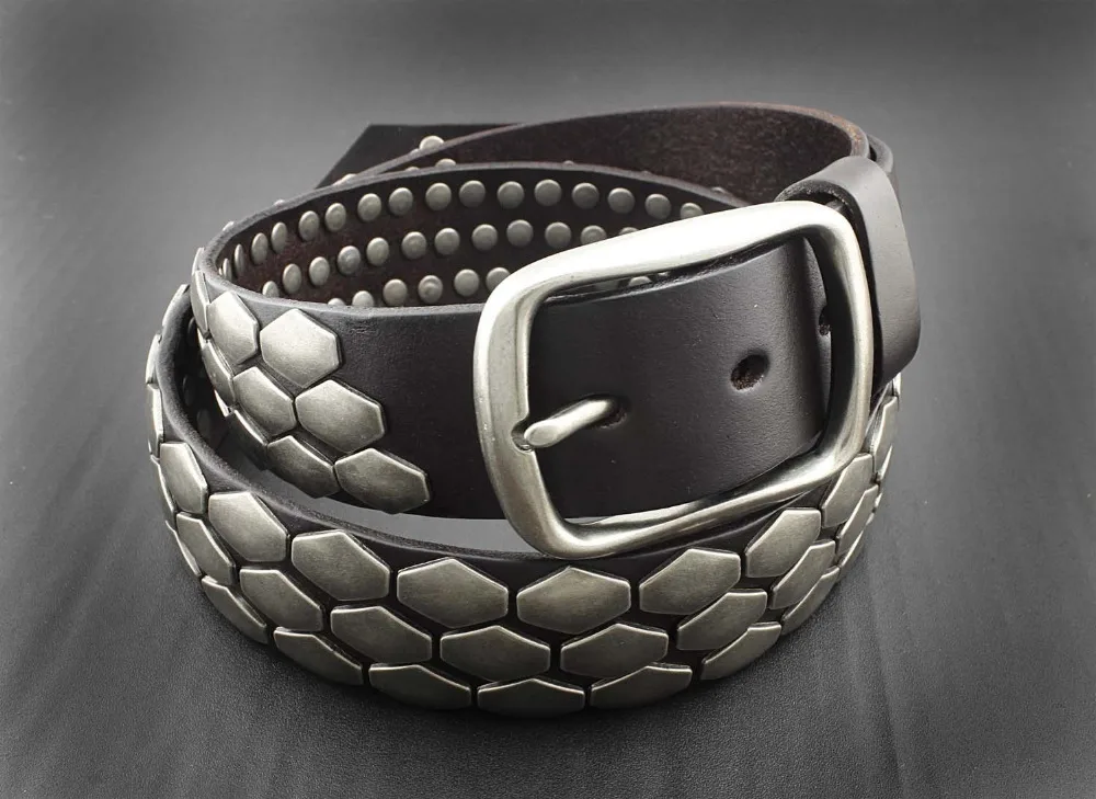 Мужской Байкерский ремень из натуральной кожи с металлическими блестками|gift