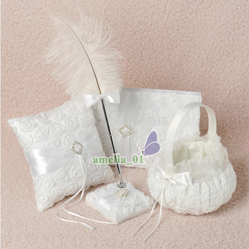 4Pcs/lot White rose Flower Decoration Wedding Guest Book& Pen Set &Ring Pillow &Girls Flower Basket Decor Bridal Products