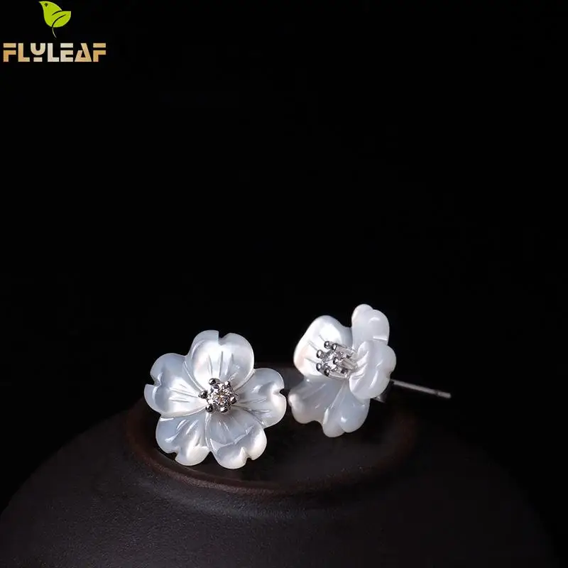 Flyleaf 100% Sterling Silver Shell Carvings Flowers Stud Earrings For Women Fashion Cubic Zirconia High Quality Jewelry | Украшения и