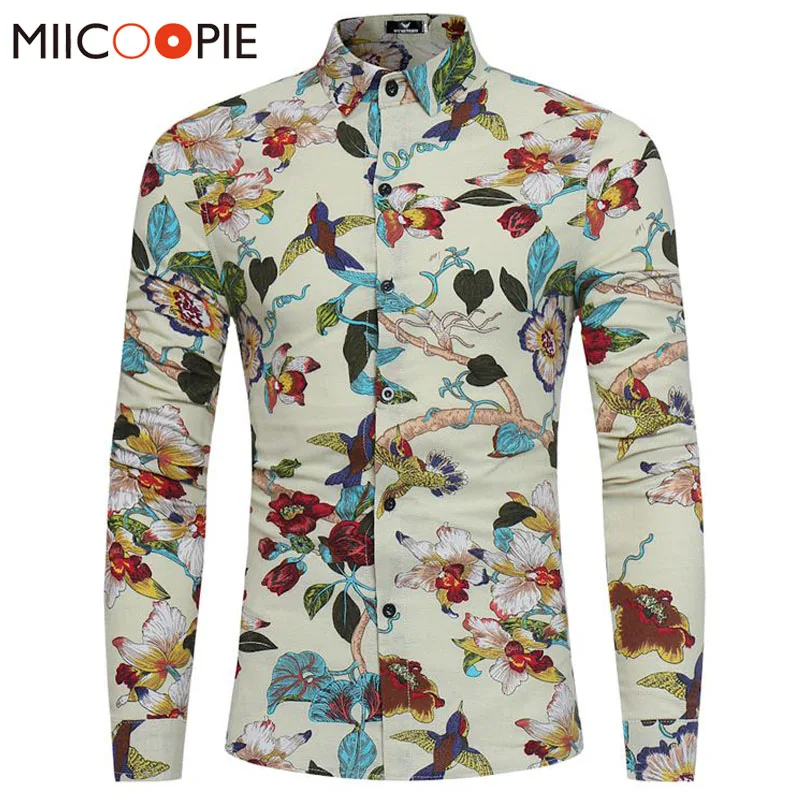 Мужская льняная рубашка с длинным рукавом Повседневная цветочным принтом 2018 |