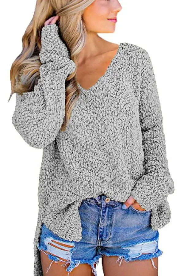 Echoine Khaki V Neck Popcorn Texture Loose Fit Sweater Women Autumn Winter Long Sleeve Pullover Jumper Pull Femme | Женская одежда
