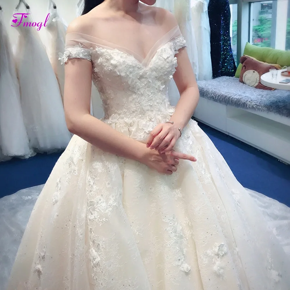 Fmogl Gorgeous Appliques Lace Chapel Train A-Line Wedding Dress 2020 Luxury Beaded Sweetheart Pearls Bride Gown Vestido de Noiva | Свадьбы и