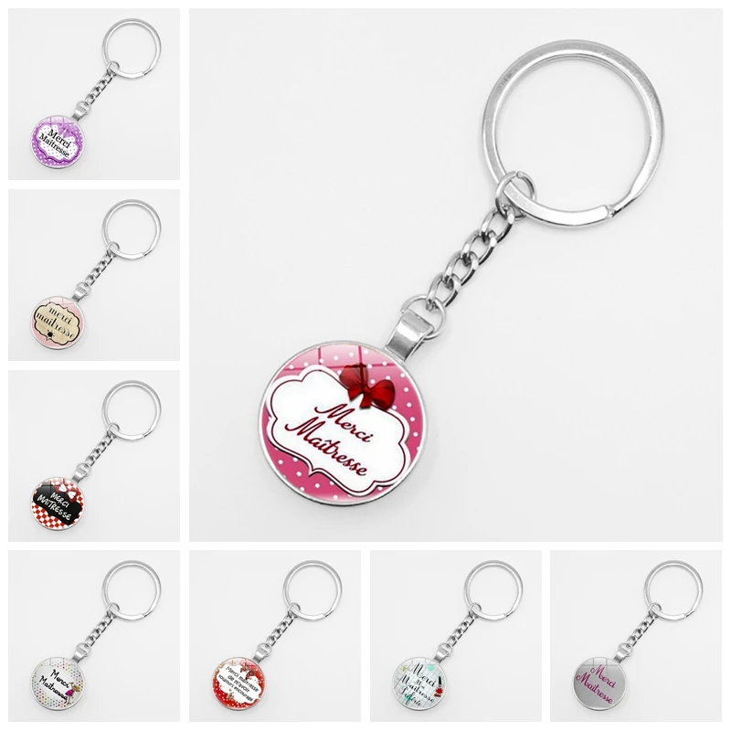 

2019/Hot Sale Teacher Gift Merci Maitresse Key Ring Fashion Silver Glass Bullet Metal Car Keychain Men and Women Jewelry