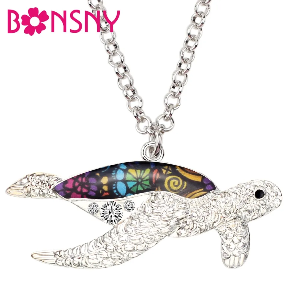 

Bonsny Enamel Alloy Ocean Sea Turtle Tortoise Necklace Pendant Novelty Animal Rhinestone Jewelry For Women Girl Gift Accessories