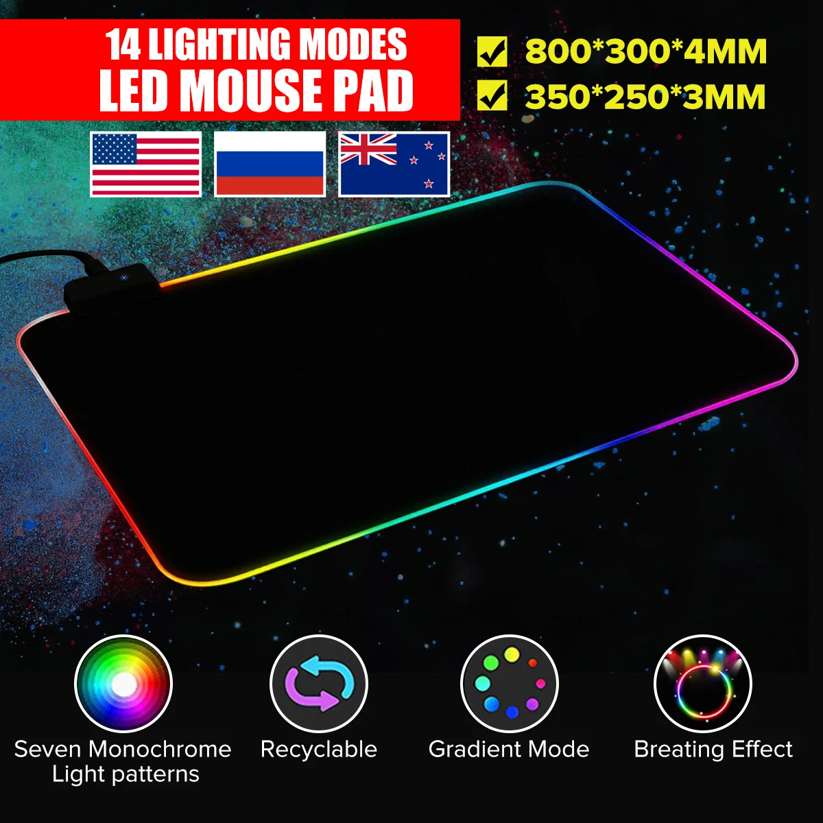 Светящийся игровой коврик для мыши RGB светящийся USB Красочный светодиодный удлиненный оверсайз нескользящий коврик для клавиатуры для ПК компьютера ноутбука