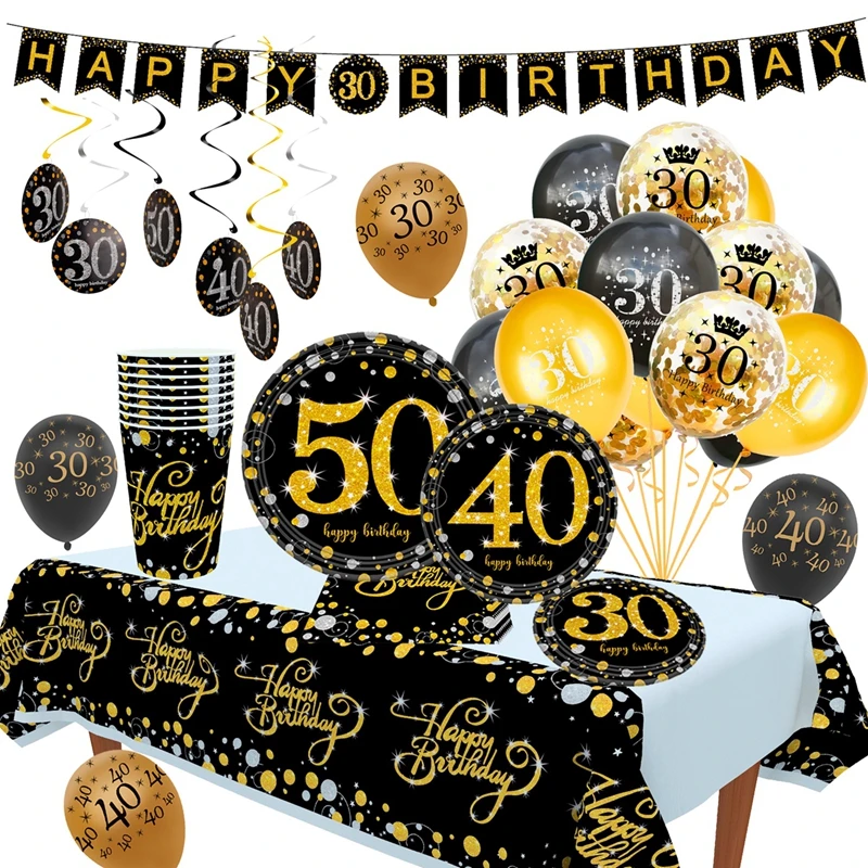 Бумажные наклейки для посуды 30th 40th 50th День Рождения украшения для взрослых золотой черный день рождения 40 50 60 лет День рождения украшения