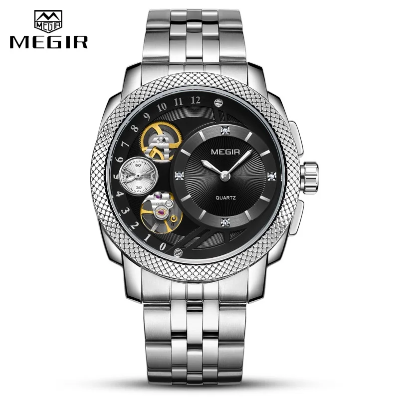 Silver Black MEGIR модные креативные мужские часы Топ бренд класса люкс Бизнес Кварцевые наручные часы кожаный ремешок спортивные военные часы мужские часы - Цвет: Silver Black