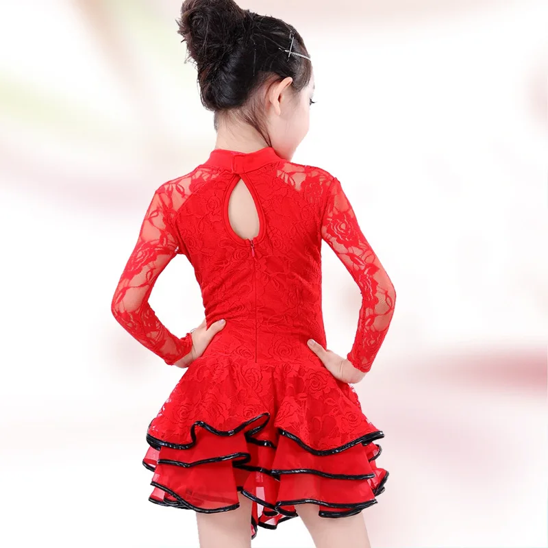 Red/Black/Yellow Long Sleeves Latin Dance Dress Girls Lace Flamenco Salsa Dresses Children Kids Ballroom | Тематическая одежда и