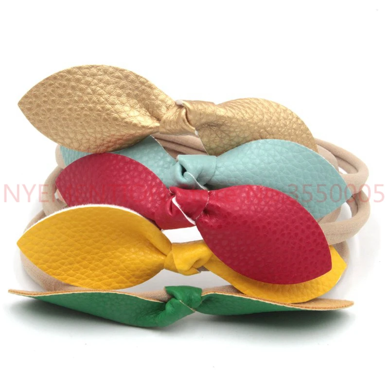 100pcs/lot 2017 New 4&quot Leather Bow Elastic Nylon Headband Chic European Hair Accessories For Kids Headwrap Headwear | Детская одежда