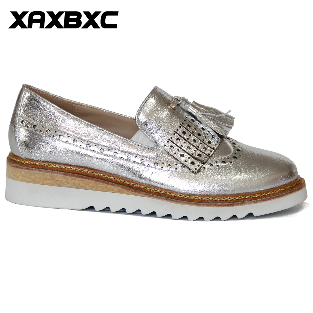 Женские кожаные туфли-лодочки XAXBXC на танкетке и низком каблуке серебристые туфли