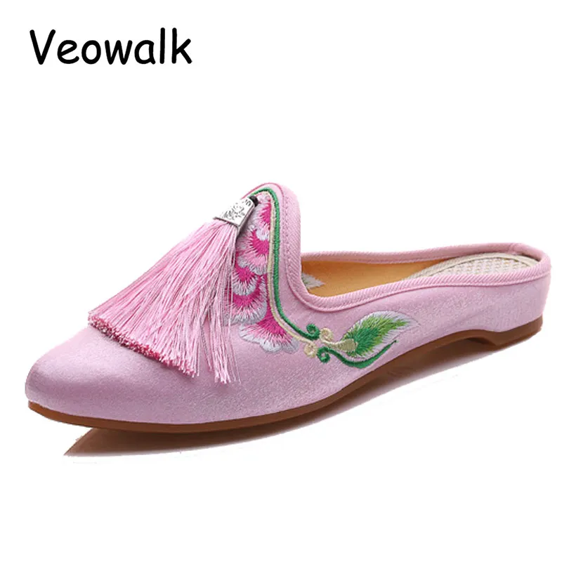 Veowalk/женские бархатные шлепанцы с вышивкой цветов и бахромой Летние удобные