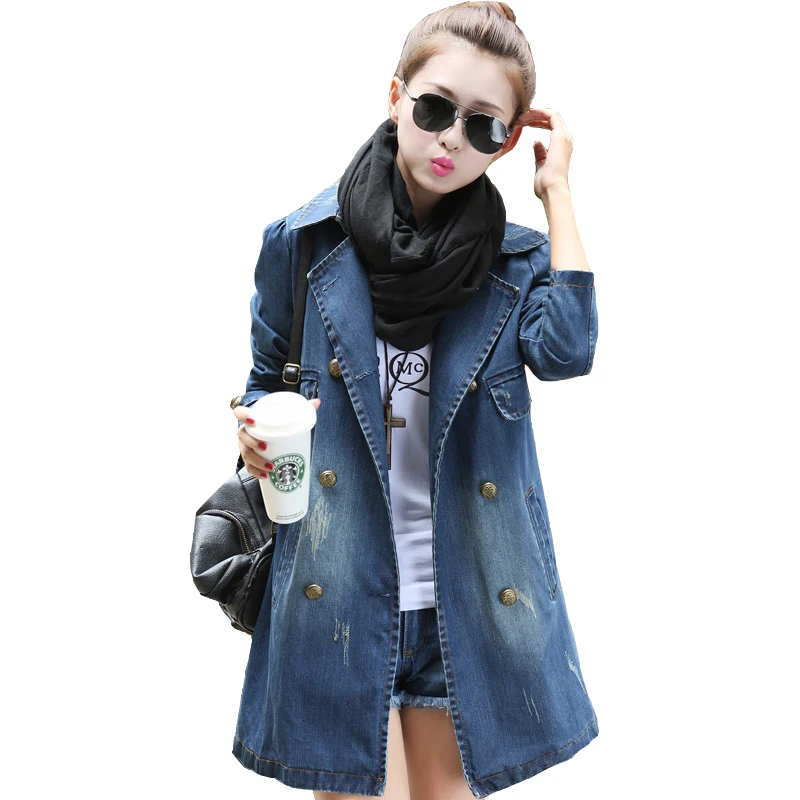 Женская длинная джинсовая куртка Повседневная двубортная Свободная из денима с