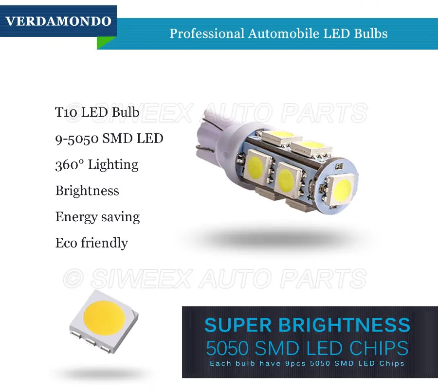 Автомобильные светодиодный лампы W5W T10 194 147 9 5050 SMD боковые габаритные огни для