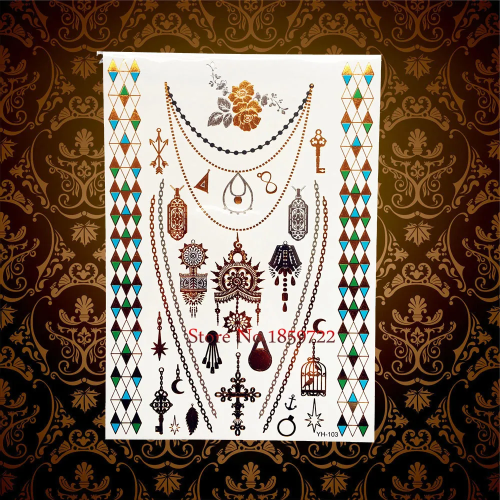 1pc hot brand new henna flash gold metallic temporary tattoo stickers sexy women hyh103 choker designs diamond bracelet tattoos free global shipping
